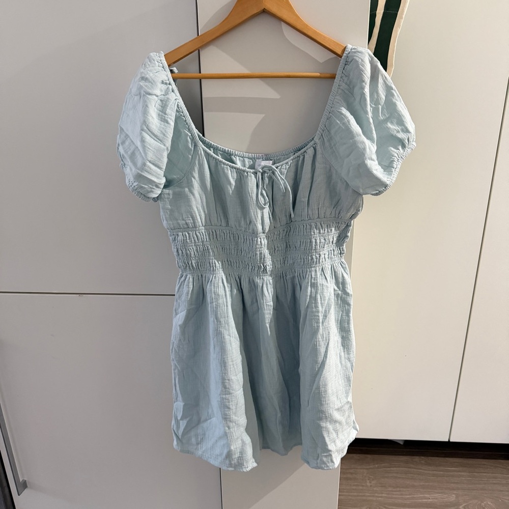 Little Moon Light Blue Puff Sleeve Mini Dress